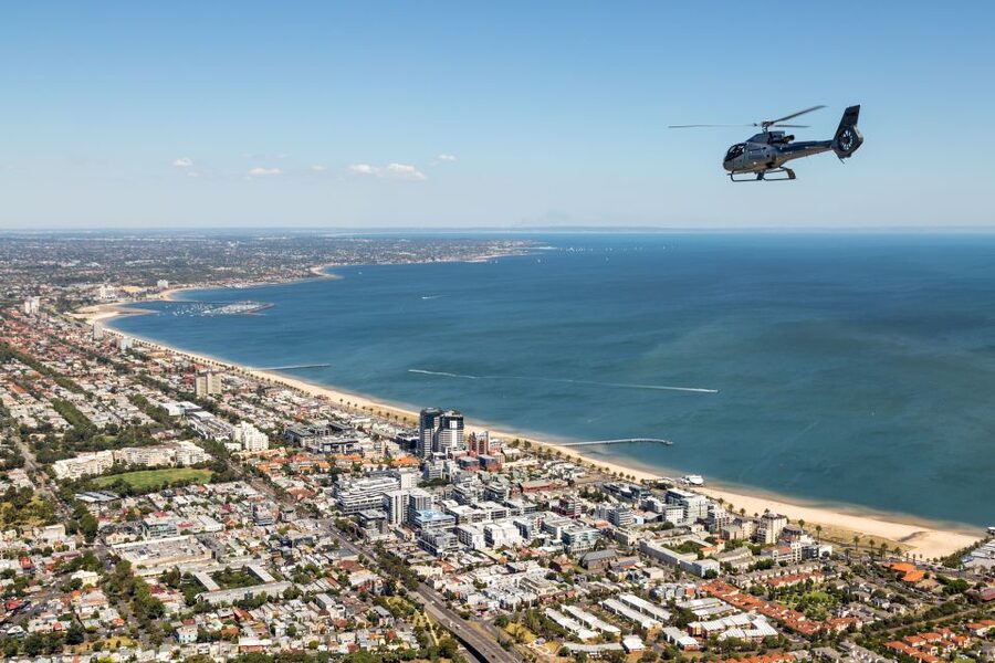 Melbourne: City and Bayside Helicopter Tour - Exhibition buildings, Melbourne Museum, and the city center
