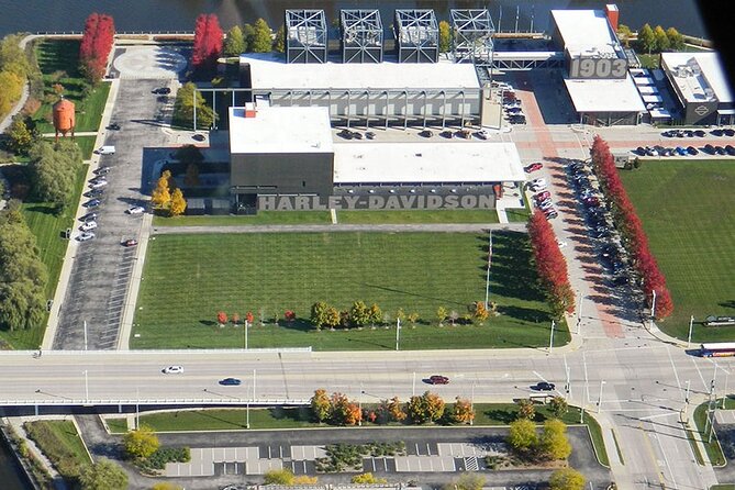 Private Downtown Milwaukee Helicopter Ride - The Harley-Davidson Museum from the air